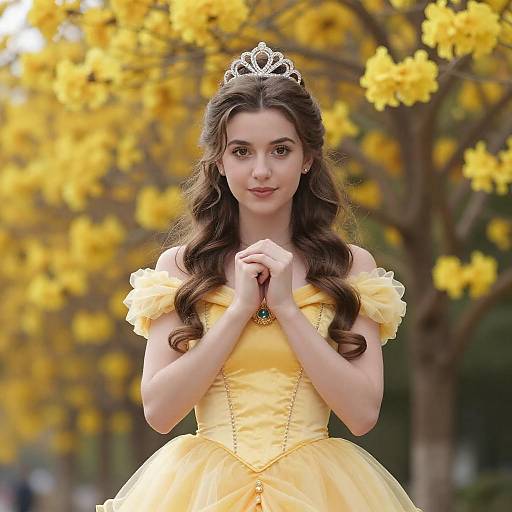 Young Woman in Yellow Princess Costume Outdoors