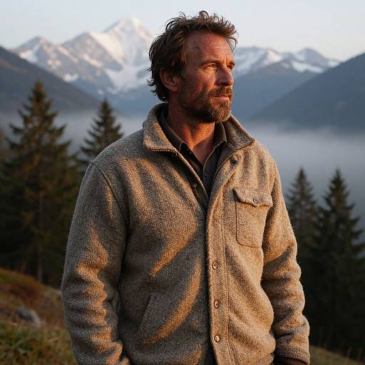 Photograph of a rugged, middle-aged man with salt-and-pepper hair and beard, wearing a beige woolen jacket, standing in a mountainous
