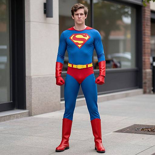 Photograph of a young Caucasian man in a blue and red Superman costume with yellow belt and red boots, standing confidently on a city sidewalk.