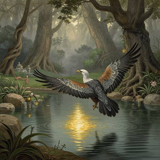 Digital illustration of a majestic bird with white head, brown and black feathers, flying over a serene forest pond with sunlight reflection, surrounded by lush trees and