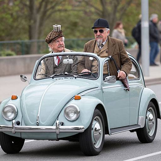 Photograph of two elderly men in vintage attire driving a light blue classic convertible car on a city street. One wears a hat and tweed, the