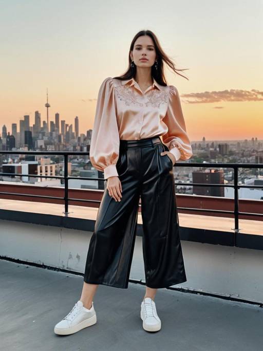 Fashionable Woman on Urban Rooftop at Sunset