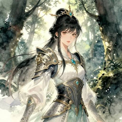 Digital anime-style illustration of a beautiful, armored female warrior with long black hair, teal gemmed crown, and intricate silver armor in a sunlit forest