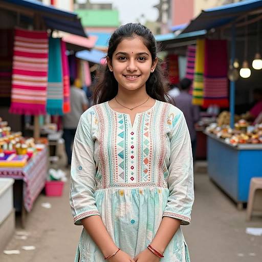 Photograph of a smiling Indian woman with dark hair, wearing a light blue embroidered traditional dress, standing in a vibrant market stall with colorful textiles and fruit