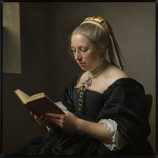 Photograph of a 17th-century-style woman with glasses, wearing a black dress with lace, reading a book, against a dark background.