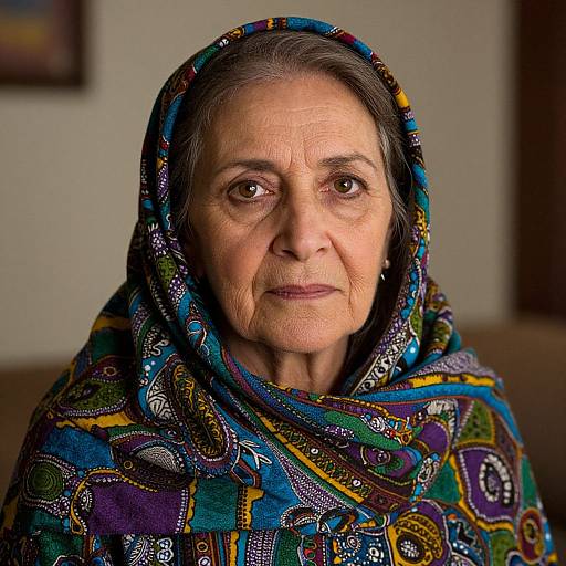 Photograph of an elderly woman with wrinkled skin, brown eyes, and dark hair, wearing a colorful, patterned scarf, looking directly at the