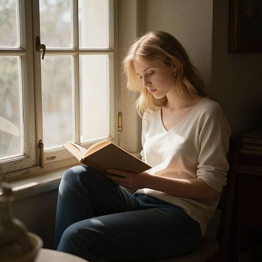 Photograph of a blonde woman in a white sweater and blue jeans, sitting by a sunlit window, reading a book. Soft sunlight highlights her serene