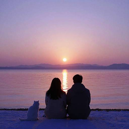 Romantic Sunset by Snowy Lakeshore