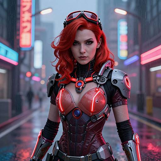 Photorealistic digital art of a fierce red-haired woman in futuristic armor with glowing red accents, standing in a neon-lit, rainy city street.