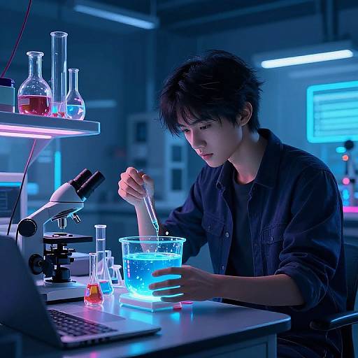 Photograph of an Asian male scientist in a black shirt, illuminated by blue and pink laboratory lights, mixing a glowing blue liquid in a beaker.
