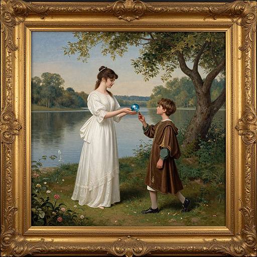 Photograph of a classical painting in an ornate gold frame, depicting a Victorian-style woman in white dress and a young boy in brown medieval-style clothes