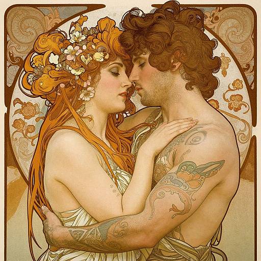 Digital artwork of a romantic, tattooed couple with flowing red hair, floral headpieces, and intricate tattoos, embracing intimately in an ornate, vintage