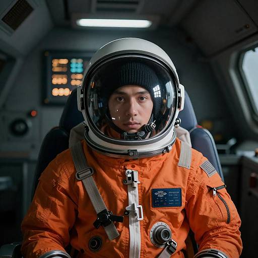 Focused Astronaut in Dim Cockpit Setting