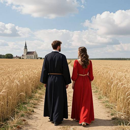 Couple in Wheat Field Near Church