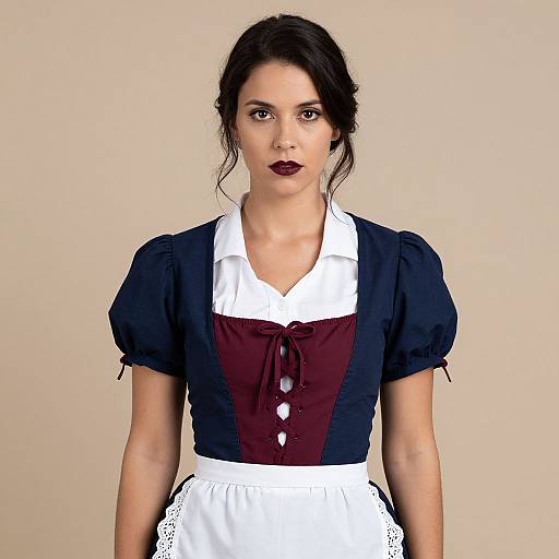 Photorealistic CGI of a young woman with fair skin and dark hair, wearing a navy blue and maroon maid outfit with white apron and lace