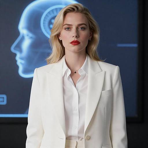 Blonde Woman with Holographic Head Portrait