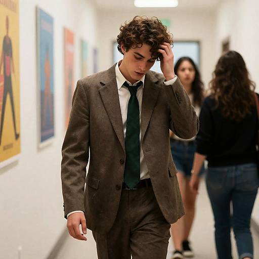 Young Man in Hallway with Women
