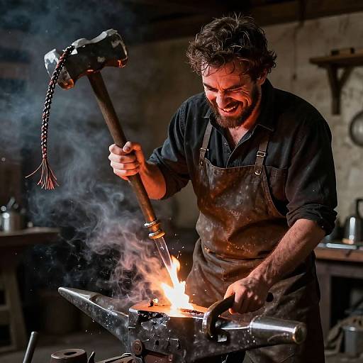 Photograph of a bearded blacksmith in a darkened workshop, smiling as he hammers glowing hot metal on a forge, wearing a black shirt