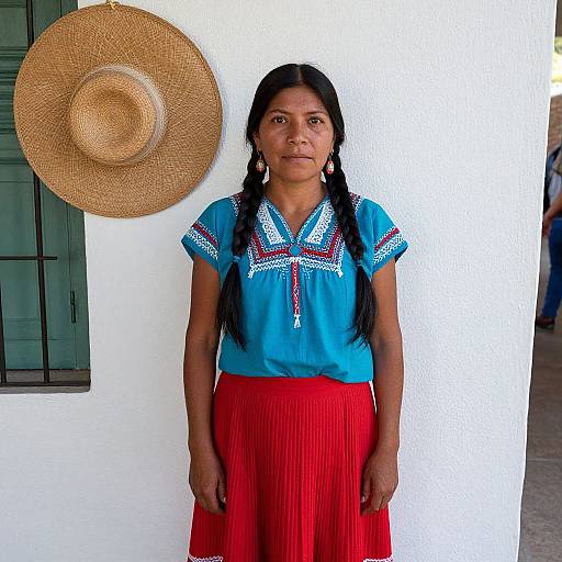 Photograph of a young Indigenous woman with long black hair, wearing a blue blouse with white and red embroidery, and a red skirt, standing against a