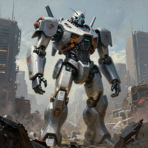 Digital artwork of a towering, white and grey mecha robot with blue accents, standing amidst a destroyed, futuristic cityscape with skyscrapers. Dust