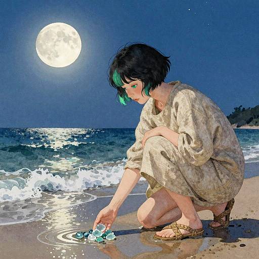 Moonlit Beach Watercolor Portrait
