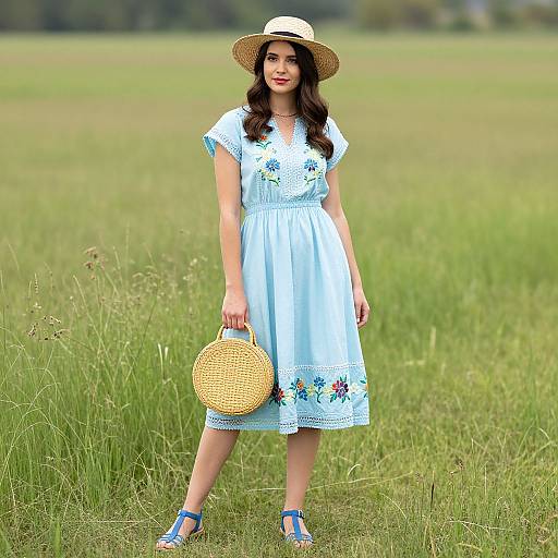 Photograph of a young woman in a light blue, floral-embroidered dress, straw hat, holding a woven basket, standing in a green
