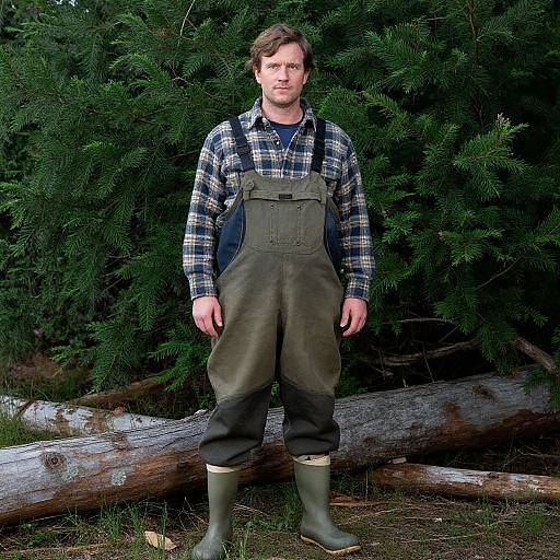 Photograph of a Caucasian man with short brown hair, wearing a plaid shirt, green overalls, and boots, standing in front of dense green