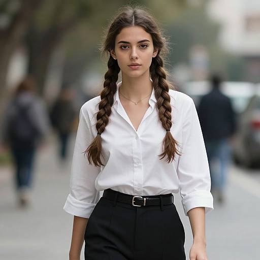 Photograph of a young woman with long dark braids, wearing a white blouse and black high-waisted pants, standing on a city street with