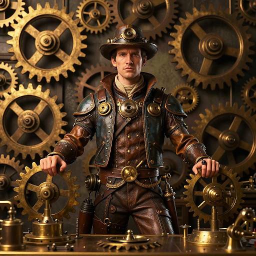 Steampunk Inventor with Brass Machinery