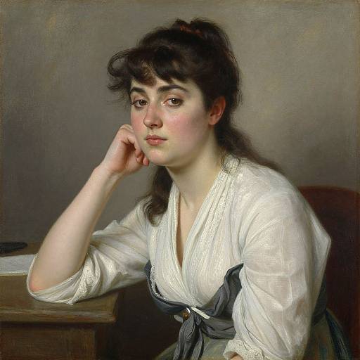 Portrait of a young woman with fair skin, dark hair, and brown eyes, wearing a white blouse and gray apron, resting her chin on her