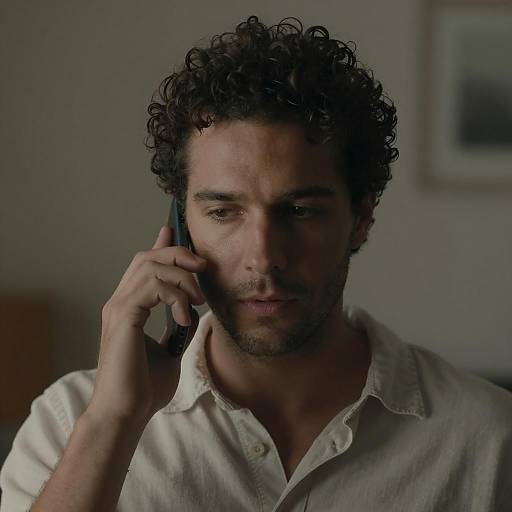 Focused Man with Curly Hair on Call