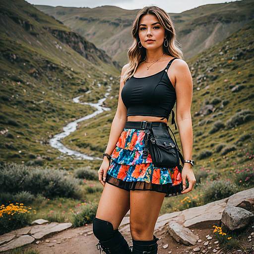 Woman in Floral Skirt and Hiking Boots in Mountain Landscape