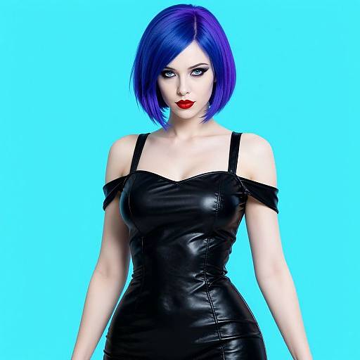 Digital artwork of a pale-skinned woman with vibrant blue bob haircut, red lipstick, and black off-shoulder leather dress against bright blue background.