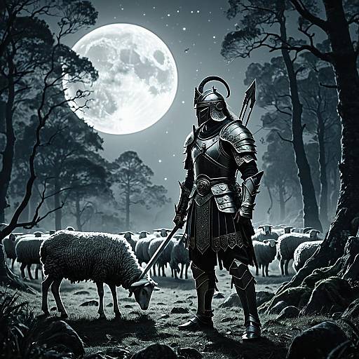 Ancient Warrior in Enchanted Forest Under Full Moon