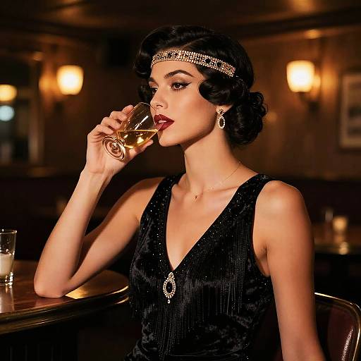 Vintage photograph of a stylish woman with dark, wavy hair, wearing a sparkling headband, black sequined dress, and diamond necklace, sipping