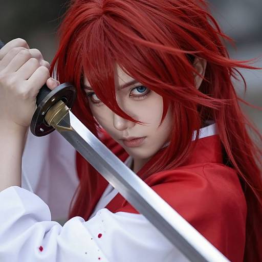 Digital artwork of a fierce anime-style character with long red hair, blue eyes, and a red outfit, gripping a sword with intense focus.