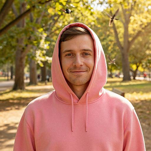 Photograph of a middle-aged man with light skin, brown hair, and a slight smile, wearing a pink hoodie with hood up, standing in a