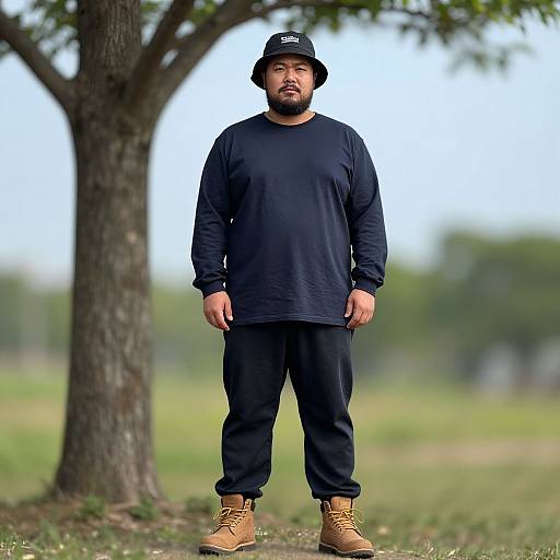 Photograph of a bearded man with medium build, wearing a black hat, long-sleeve shirt, pants, and tan boots, standing outdoors