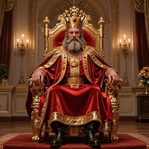 Photograph of an elderly, white-bearded king with a regal, gold-crowned, red velvet throne, ornate gold trim, and candle