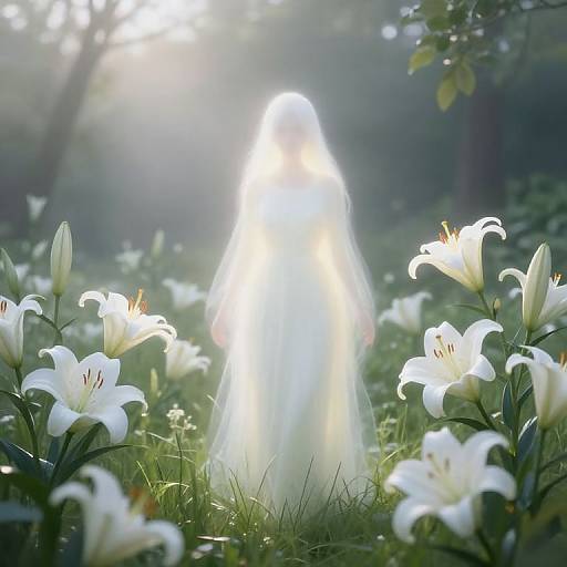Photograph of a glowing, ethereal figure in a white veil standing amidst a field of blooming white lilies, sunlight filtering through trees in the