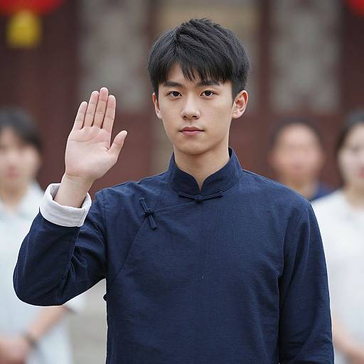 Photograph of an Asian man with black hair, wearing a dark blue traditional long-sleeve shirt, raising his right hand in front of a blurred