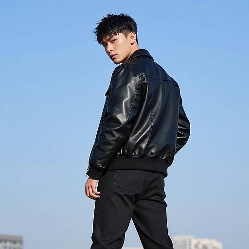 Photograph of a young Caucasian man with spiky black hair, wearing a black leather jacket and black pants, looking back over his shoulder against a clear