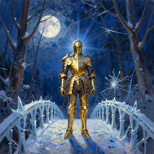 Moonlit Frozen Bridge with Golden Knight