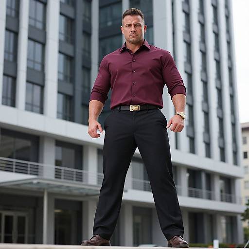 Photograph of a muscular, bearded man in a maroon shirt and black pants, standing confidently in front of a modern, multi-story building.