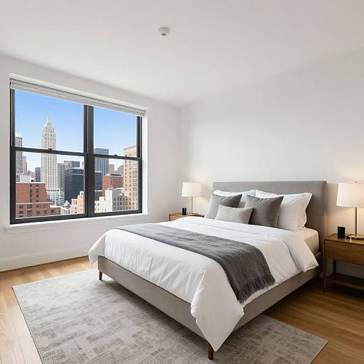 Modern bedroom photograph featuring a gray upholstered bed with white and gray linens, two nightstands with lamps, large window with city view, and a