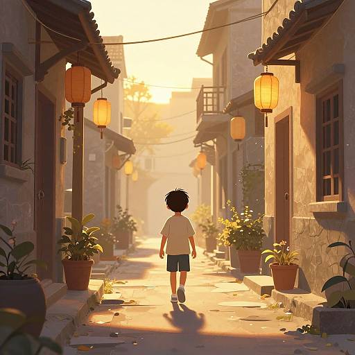 Digital artwork of a child with curly hair walking down a sunlit, narrow, lantern-lit alley with potted plants and traditional buildings. Warm,