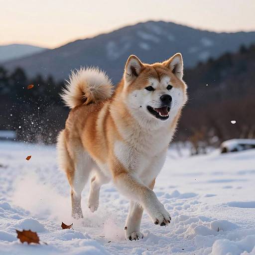 Fierce Akita Charging Through Snow