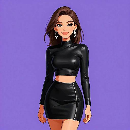 Digital anime-style drawing of a confident woman with long brown hair, wearing a black leather crop top and skirt, against a purple background. She has dangling