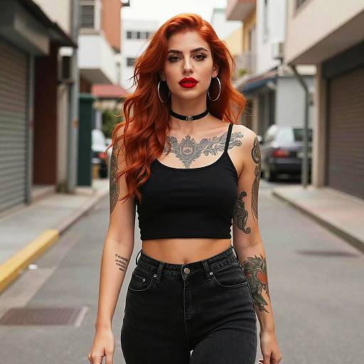 Photograph of a red-haired woman with tattoos, wearing a black crop top, high-waisted jeans, choker, and red lipstick, walking