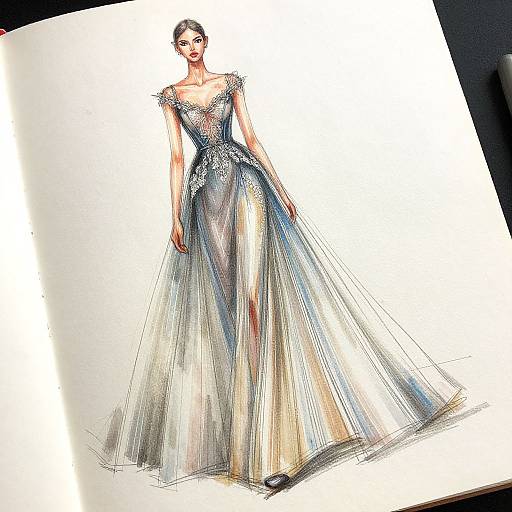 Digital sketch of a slender woman in a sparkling, floor-length, silver gown with sheer, flowing fabric and delicate off-the-shoulder sleeves.